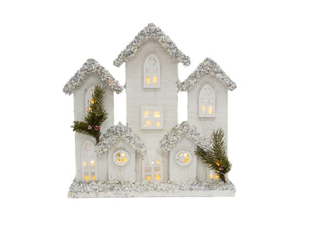 LED SNOW COVERED WHITE WOODEN TOWNHOUSE (11.4")